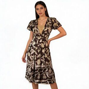 LAFAYETTE 148 | Silk Brown Floral A-line Lace Hem Dress Sz 4